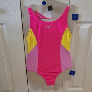 Speedo Girl's Youth Pink and Yellow One Piece Racerback Swimsuit NWT